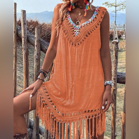 Fringe Hem Tie Backless Crochet Panel Cover Up - Picture 2 of 4